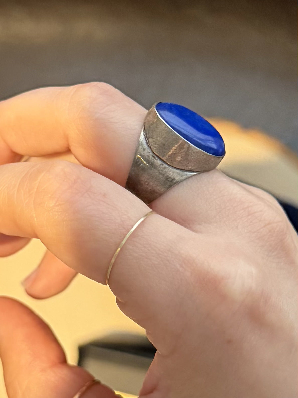 1970s Midcentury Sterling Silver Lapis Lazuli Modernist Statement Ring US 6.5