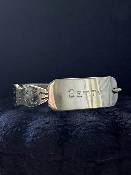 1940s WWII Trench Art Silver Tone Steel Snake Engraved BETTY Sweetheart Bracelet