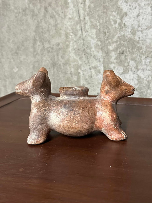 Vintage Clay Double Headed Colima Dog Vessel Pre Columbian Style Pottery