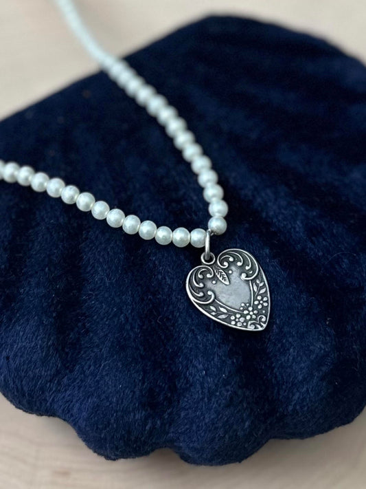 Vintage Sterling Silver Faux Pearl Floral Repousse Heart Pendant Necklace
