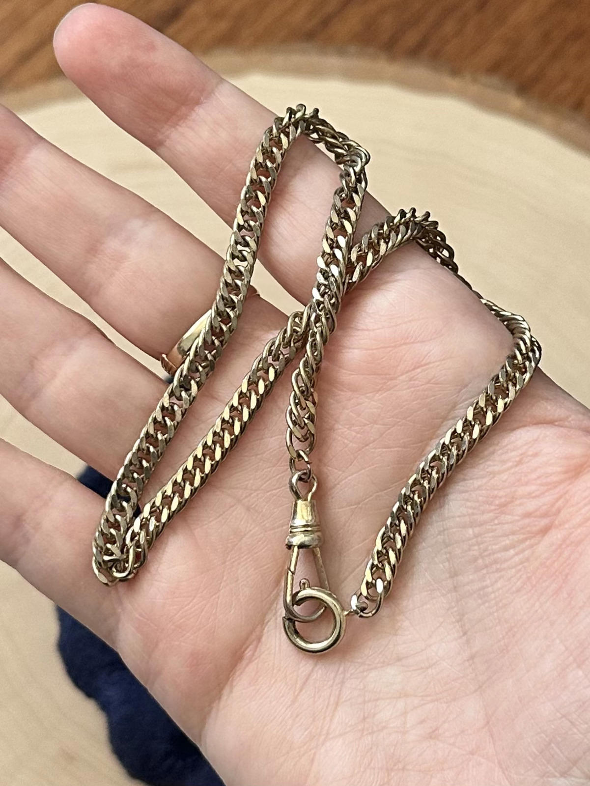 Vintage Midcentury Gold Tone Flat Curb Link Watch Chain Dog Clip Clasp 13"