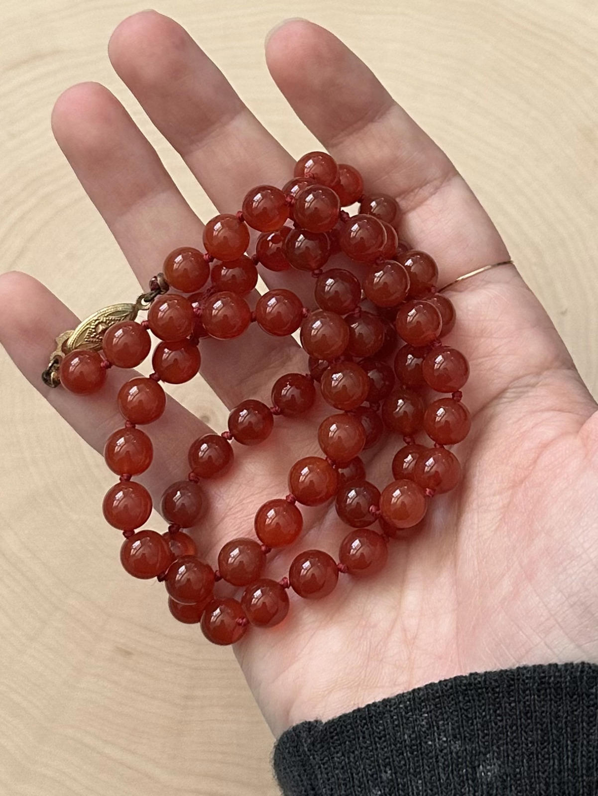 Vintage Midcentury Hand Knotted Genuine Carnelian Beaded Necklace Fish Hook 23.5