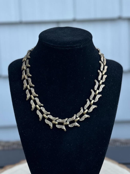 1940s 1950s Signed BY MARINO Bronze Tone Floral Etched Link Chain Necklace