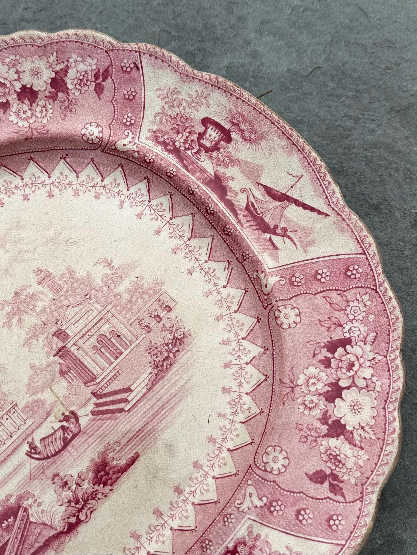 Antique 1800s Georgian Stoneware Early Staffordshire Red Pink Transferware Platter