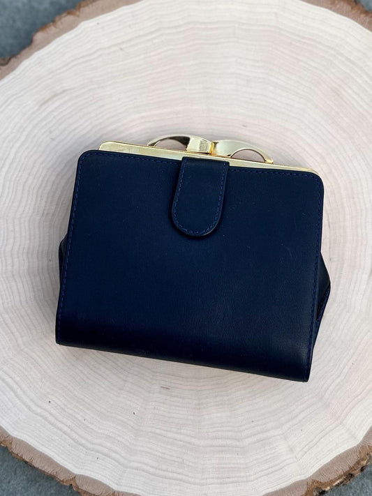 1960s LOEWE Spain Navy Blue & Gold Tone Leather Wallet Coin Purse Lodis Corporation