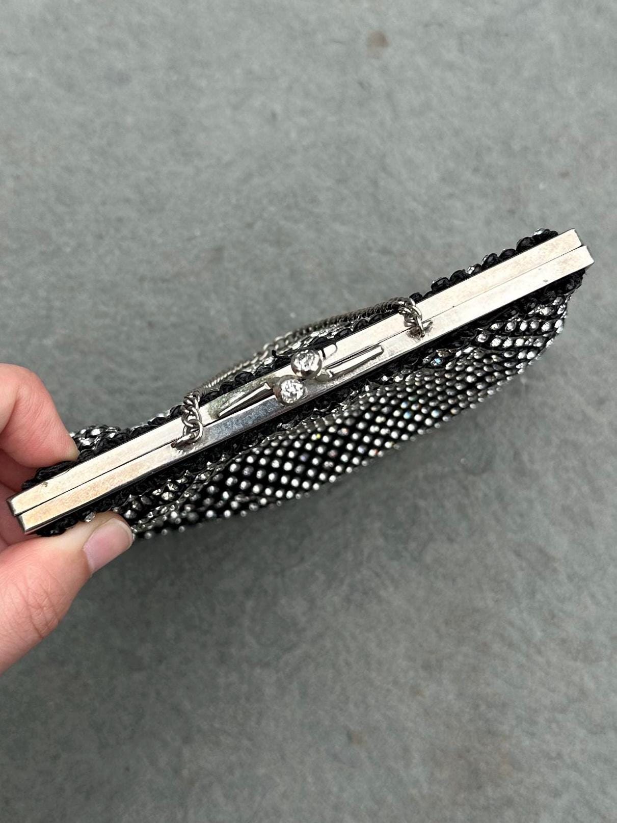 1930s 1940s Art Deco Rhinestone Jewelled Black Evening Bag
