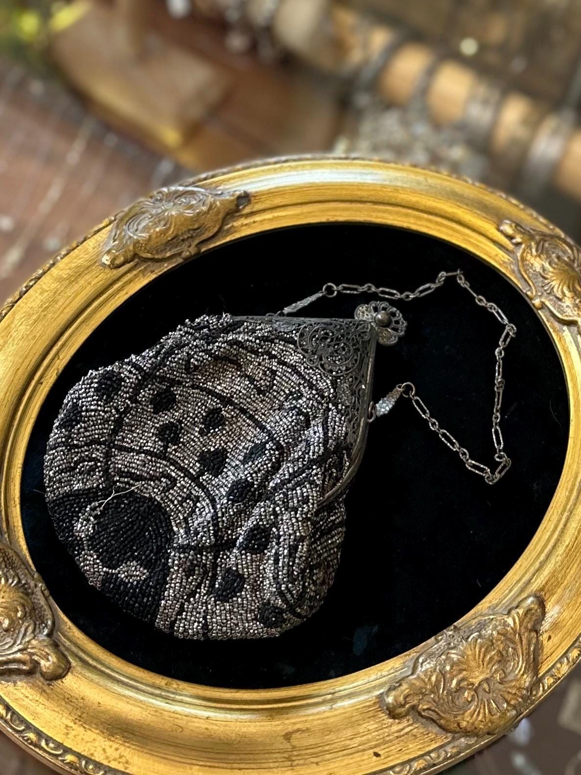 Antique Circa 1910s Edwardian Silver Steel & Black Glass Micro Beaded Evening Bag with Compact Mirror