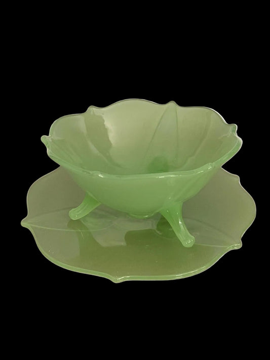 Vintage Jadeite Glass Lotus Footed Bowl & Footed Plate Set