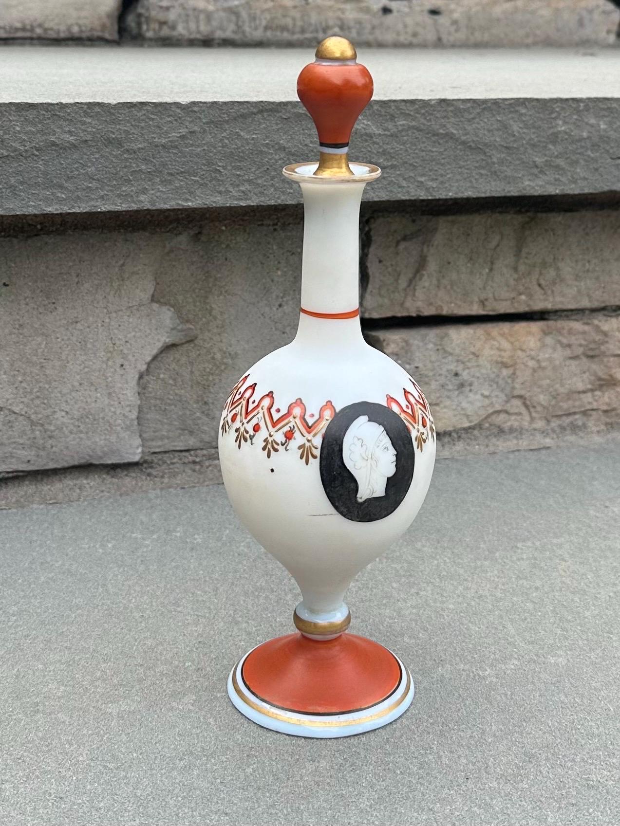 Antique 19th Century Napoleonic Era French Opaline Glass Hand Painted Greco Roman Decanter Bonne Nuit Night Service Bottle with Stopper