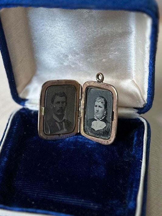 Antique 19th Century Victorian Gold Filled Hand Engraved Rectangular Locket 2 Tin Type Photos Husband & Wife Mourning
