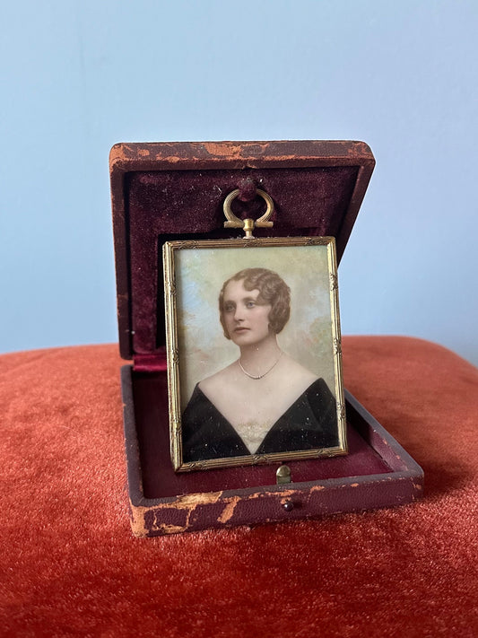 1930s Art Deco Framed Signed Hand Painted Portrait on Glass in Leather Wrapped & Velvet Case