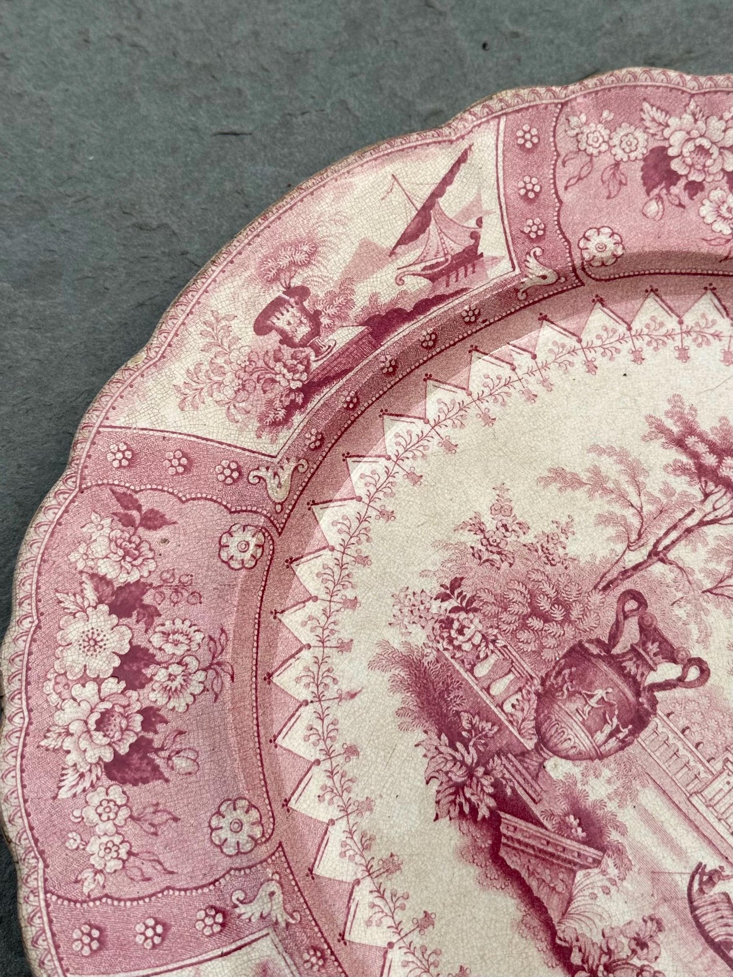 Antique 1800s Georgian Stoneware Early Staffordshire Red Pink Transferware Platter