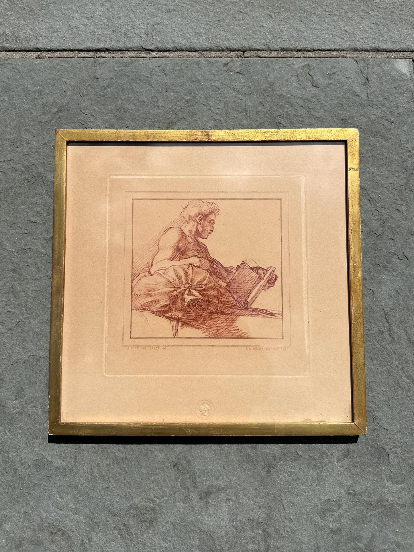 Vintage Framed French Engraving Andre del Sarte Bust of a Man E.A. Desperet 1853