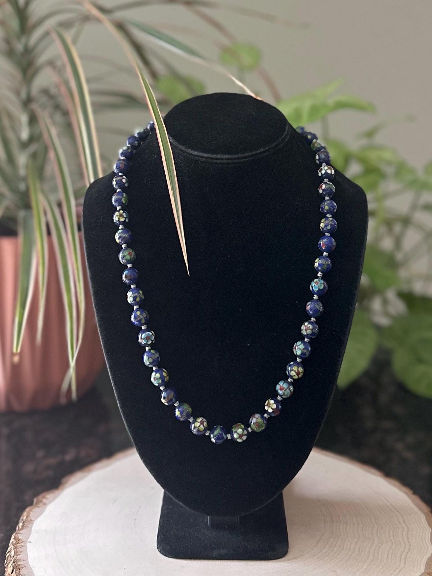 Vintage Midcentury Hand Knotted Blue Cloisonné Enamel Blue Floral Porcelain Beaded Necklace 23”
