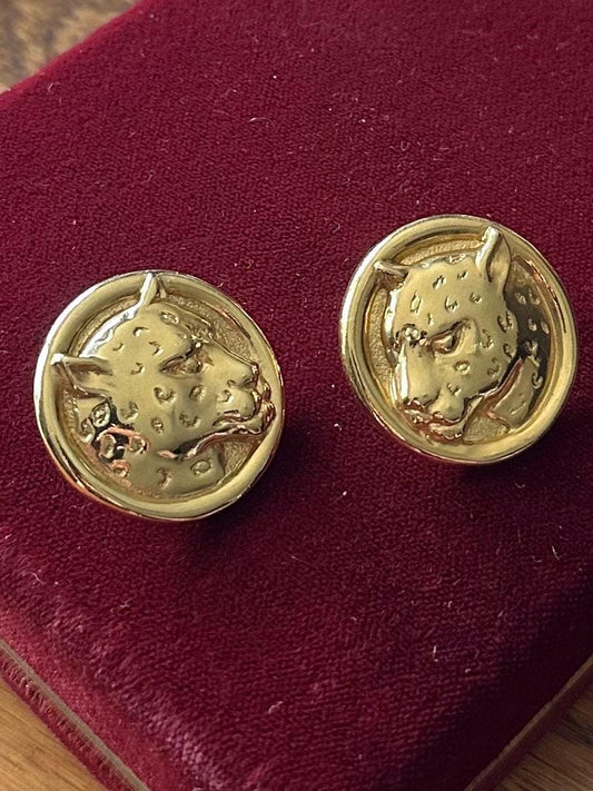 1980s 1990s Gold Tone Large Leopard Cheetah Pierced Statement Earrings