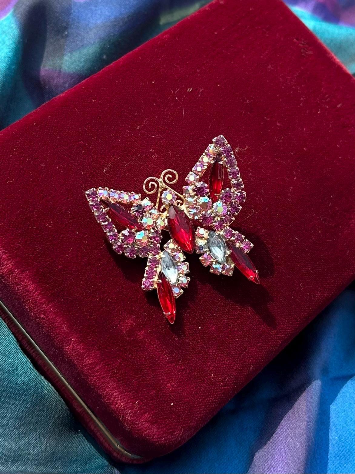 1960s Midcentury Red, Pink & Aurora Borealis AB Faceted Rhinestone Butterfly Brooch