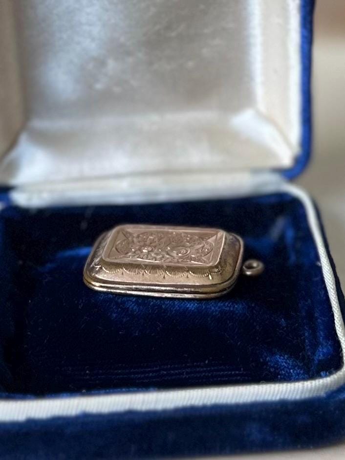 Antique 19th Century Victorian Gold Filled Hand Engraved Rectangular Locket 2 Tin Type Photos Husband & Wife Mourning