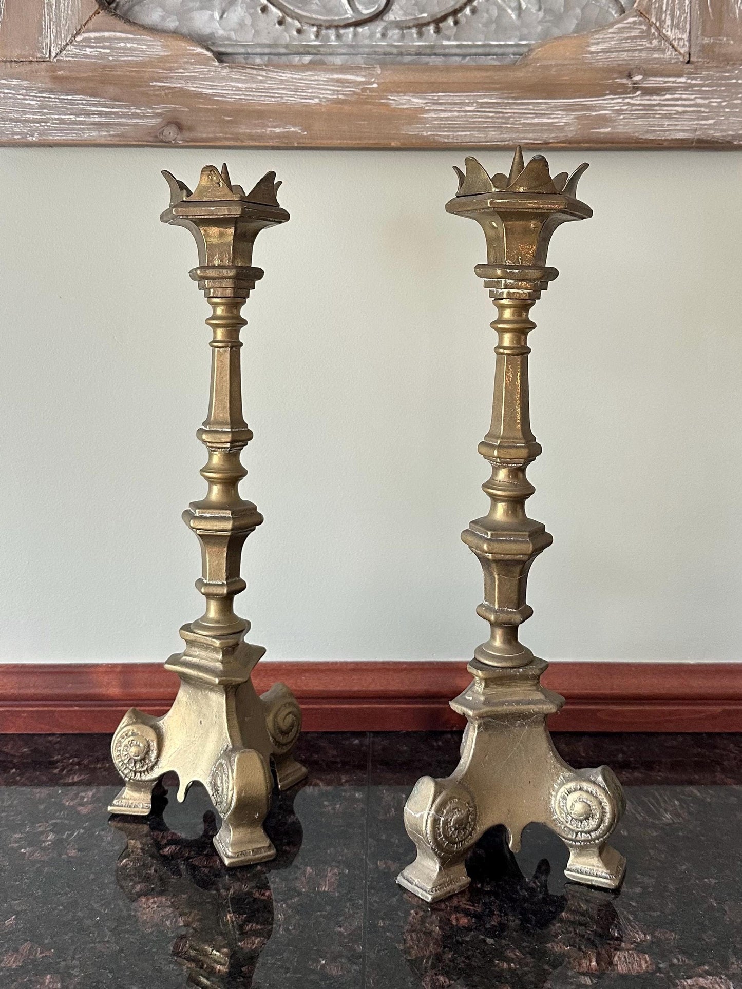 Pair of 1950s French Gothic Style Solid Brass Large Taper Candleholders Prickets