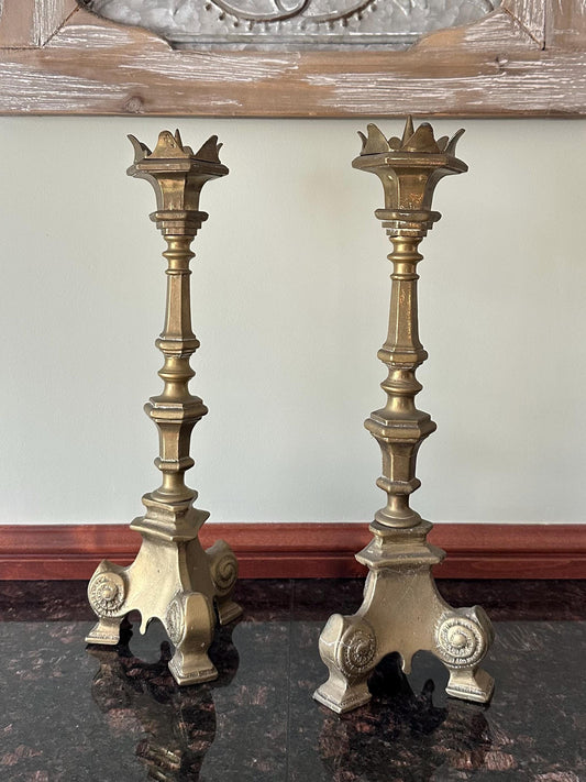 Pair of 1950s French Gothic Style Solid Brass Large Taper Candleholders Prickets