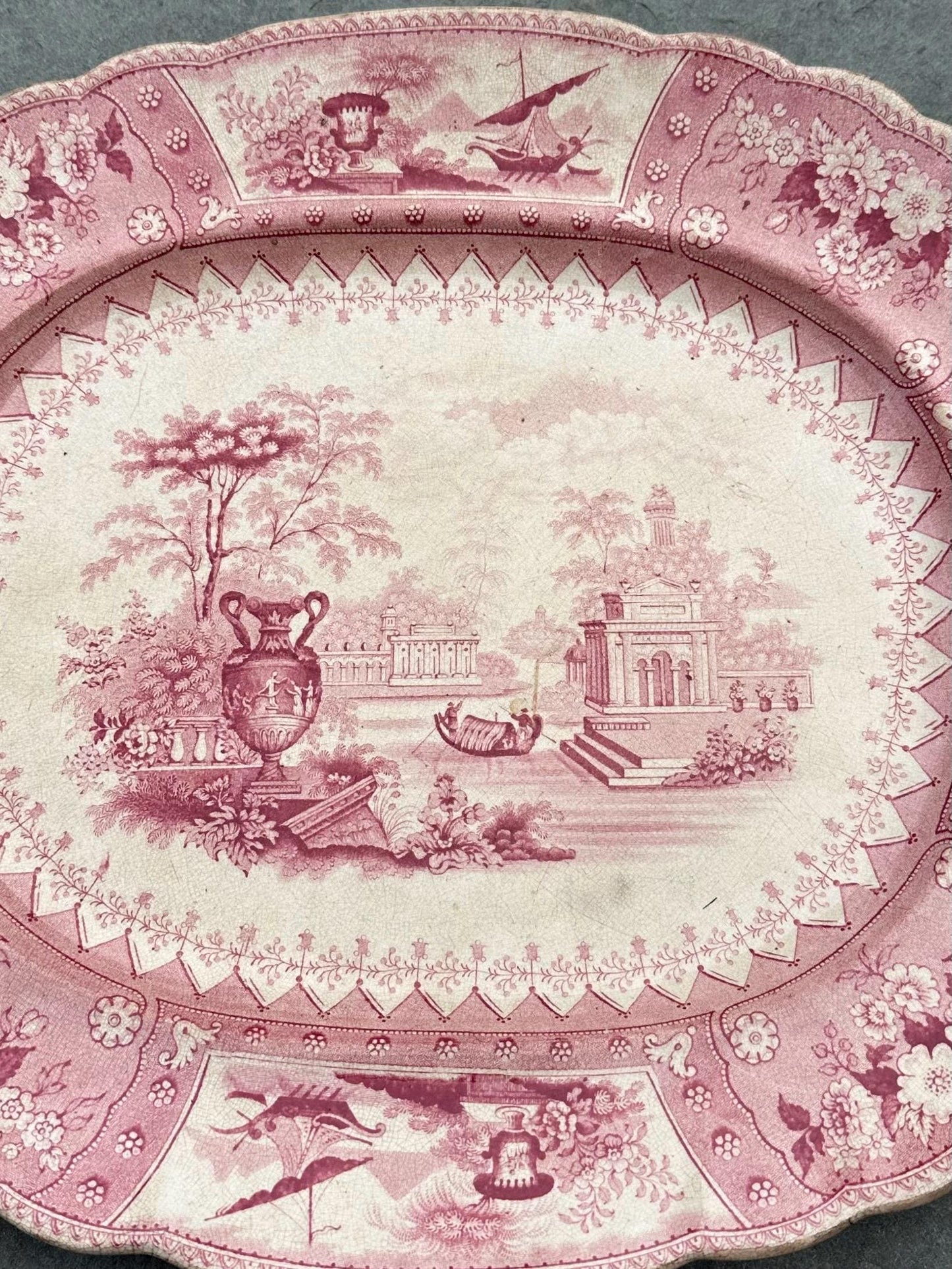 Antique 1800s Georgian Stoneware Early Staffordshire Red Pink Transferware Platter