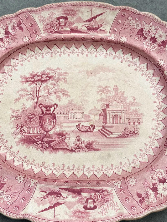 Antique 1800s Georgian Stoneware Early Staffordshire Red Pink Transferware Platter