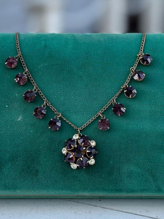 Antique 1930s Art Deco Faceted Purple & Clear Czech Glass Cluster Pendant Necklace