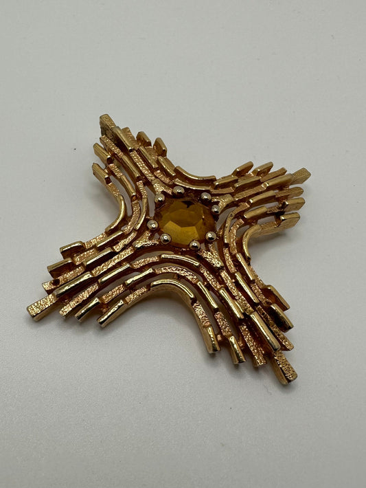 1960s 1970s Signed Sarah Coventry Gold Tone And Faux Topaz Omega Cross Pendant