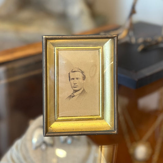 Antique 1908 Metal and Domed Glass Easel Frame with Photograph of Edwardian Era Man