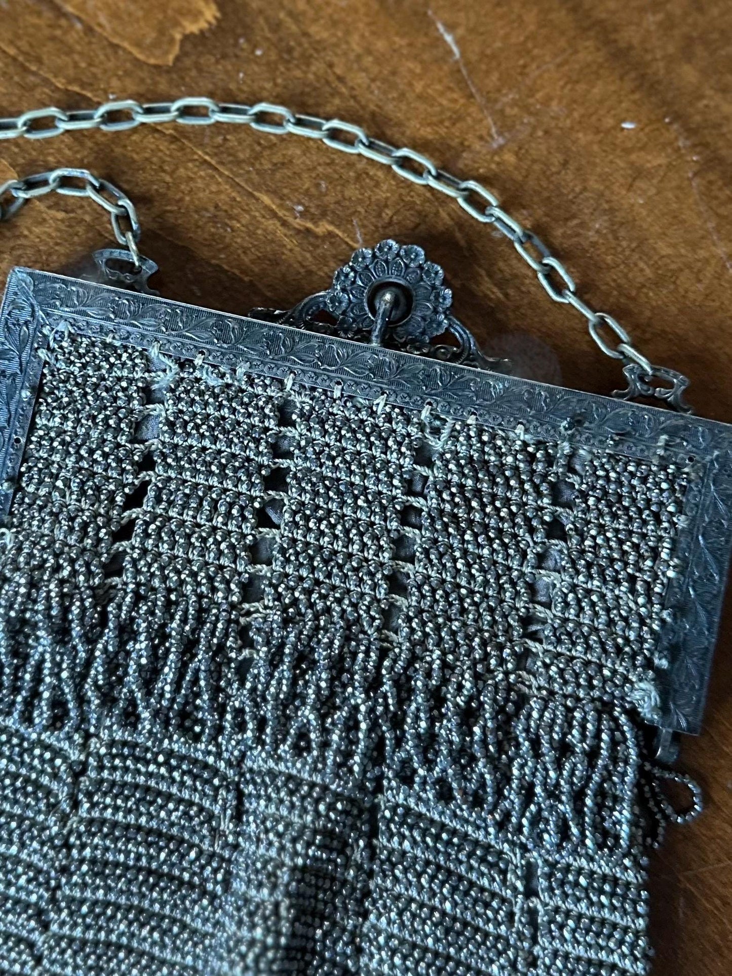 Antique 1920s Art Deco Silver Tone Steel Beaded Purse Evening Bag