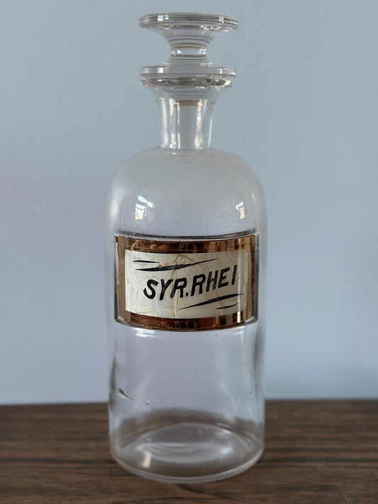 Antique Late 1800s Glass Apothecary Pharmacy Bottle SYR. RHEI Syrup Medicine