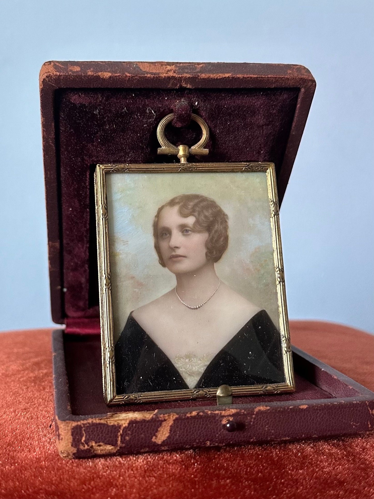 1930s Art Deco Framed Signed Hand Painted Portrait on Glass in Leather Wrapped & Velvet Case