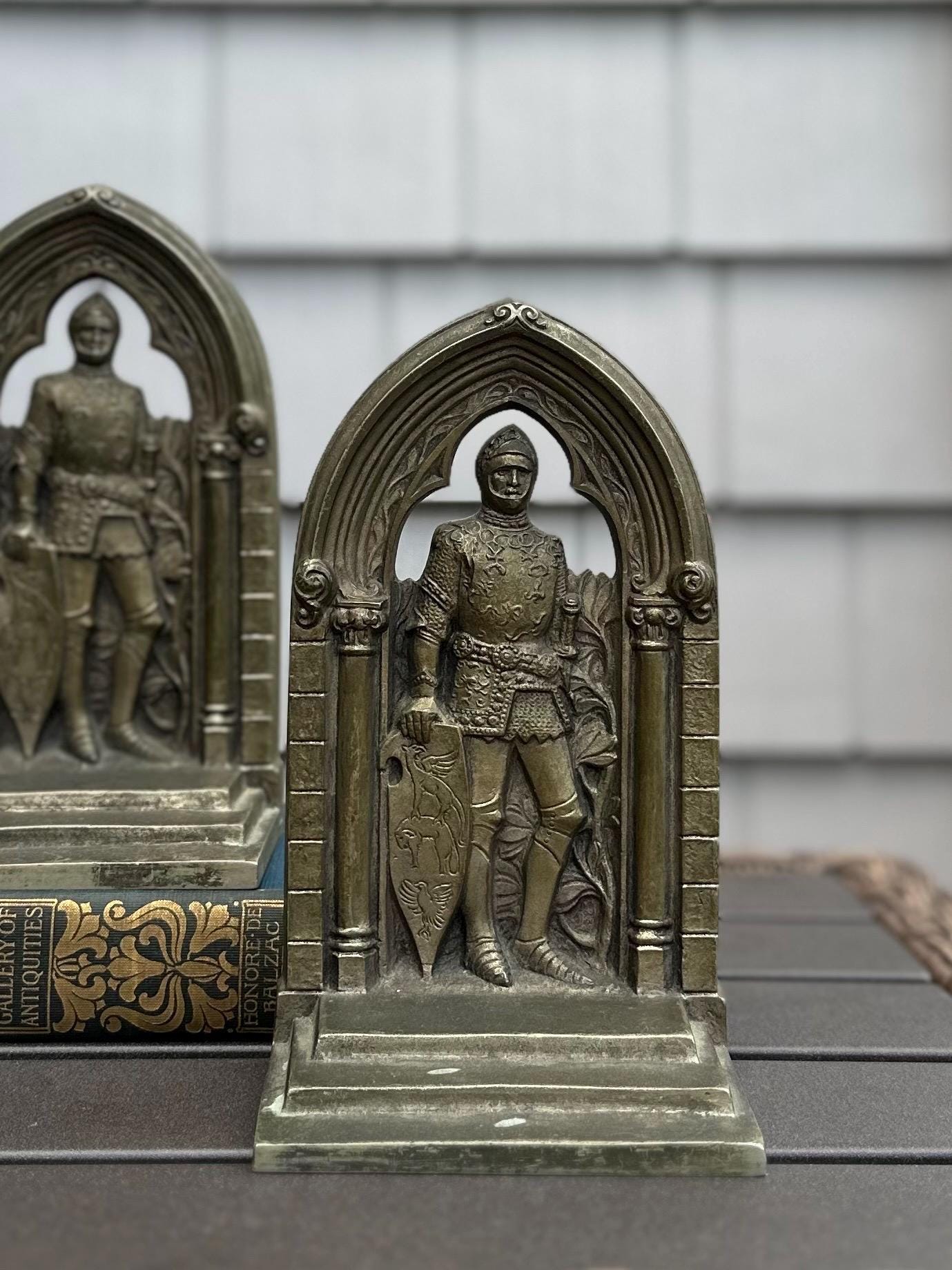 1930s Art Deco Bronze Knight in Archway The Travelers Convention Palm Beach FL 1931 Bookends