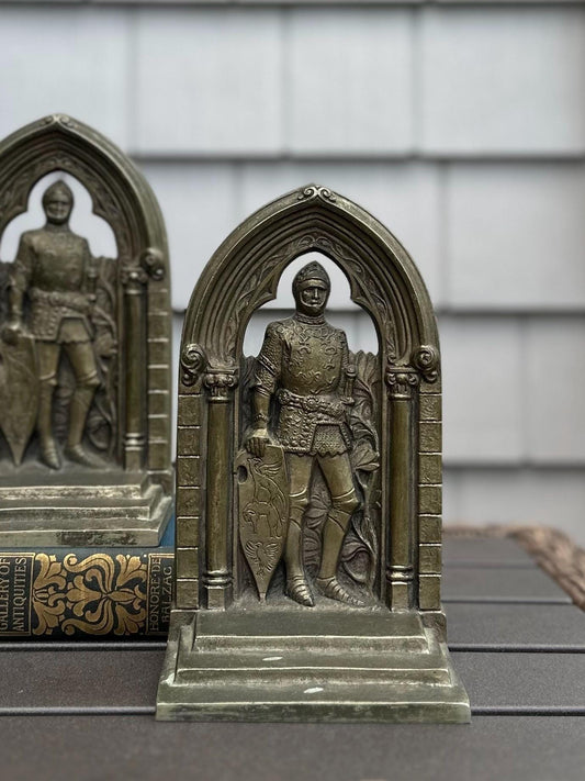 1930s Art Deco Bronze Knight in Archway The Travelers Convention Palm Beach FL 1931 Bookends