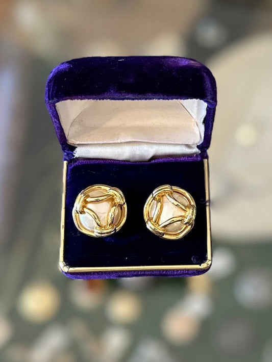 1990s Signed Carolee Gold Plated Caged Faux Pearl Stud Earrings