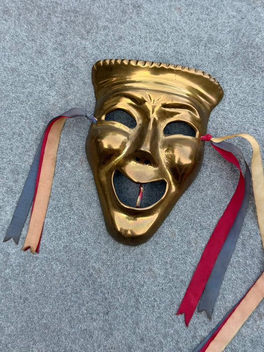 Vintage Midcentury Solid Brass Comedy and Tragedy Theater Wall Masks with Ribbon