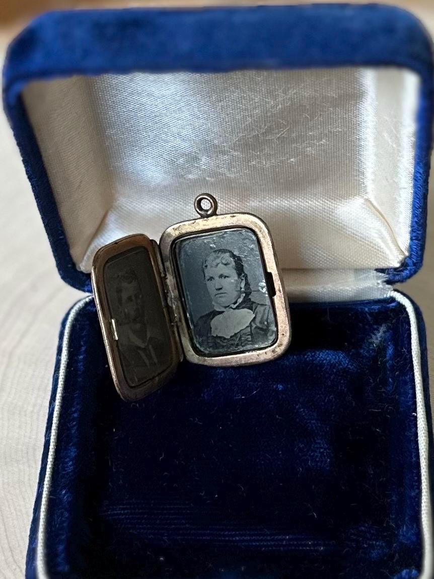 Antique 19th Century Victorian Gold Filled Hand Engraved Rectangular Locket 2 Tin Type Photos Husband & Wife Mourning