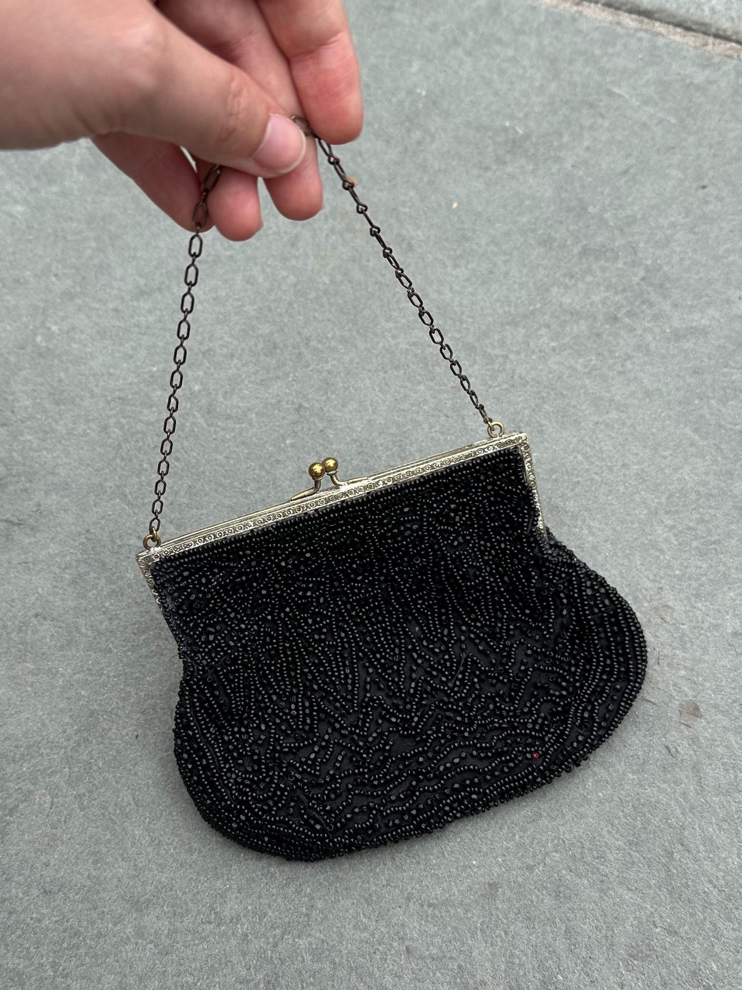 Antique 1920s Art Deco Era Hand Beaded Black Evening Bag