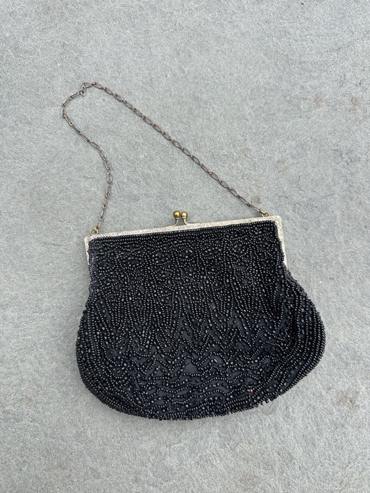 Antique 1920s Art Deco Era Hand Beaded Black Evening Bag