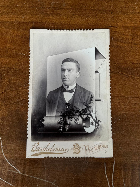Antique Late 1800s Cabinet Card Portrait of Man Roses & Scroll Design