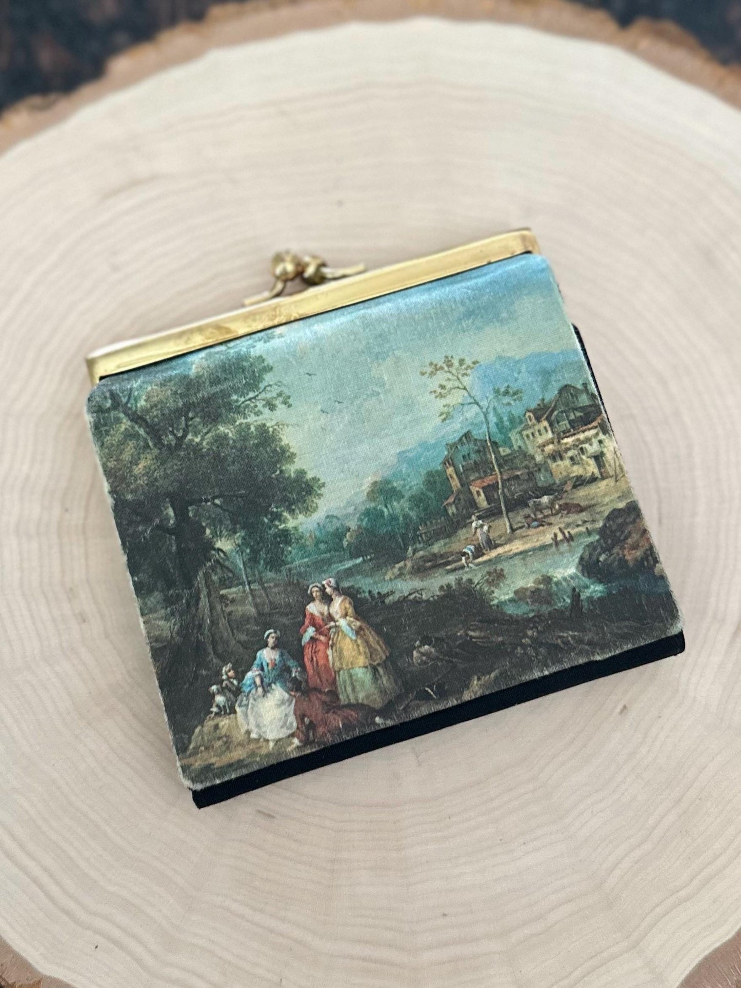 1950s Italian Printed Silk Victorian Courting Couple Trifold Wallet Coin Purse Fiocchi Lecco