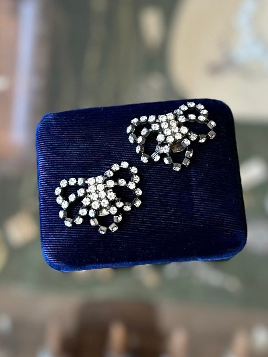 Vintage BLUETTE Made in France Signed Diamanté Rhinestone Bow Dress or Shoe Clips Pair
