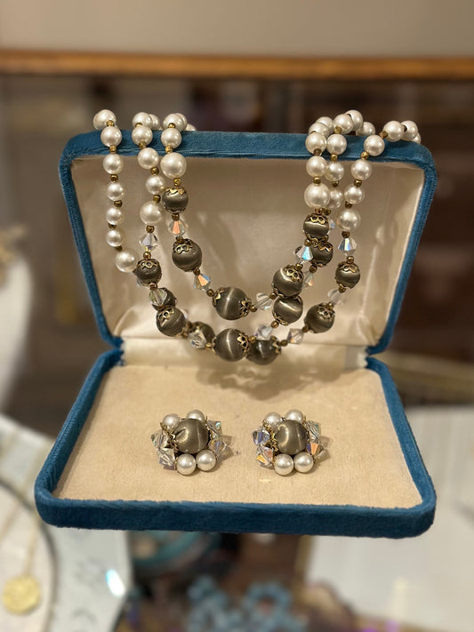 1960s Faux Taupe & Cream Pearl and Crystal Beaded Triple Strand Choker Collar Necklace with Matching Clip-On Earrings