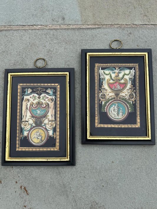 Pair of 1940s 1950s Reverse Painted Neoclassical Greek Roman Mythology Black & Gold Framed Wall Decor