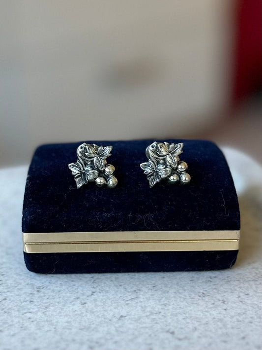 Vintage Midcentury Signed Jewel Art Sterling Silver Grape Leaves Cluster Motif Screw Back Earrings