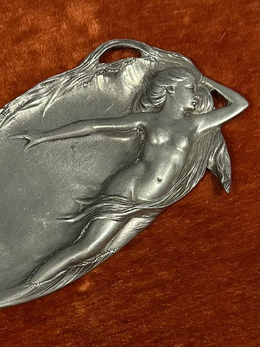 Vintage European Pewter Art Nouveau Revival Nude Nymph Decorative Tray Trinket Dish