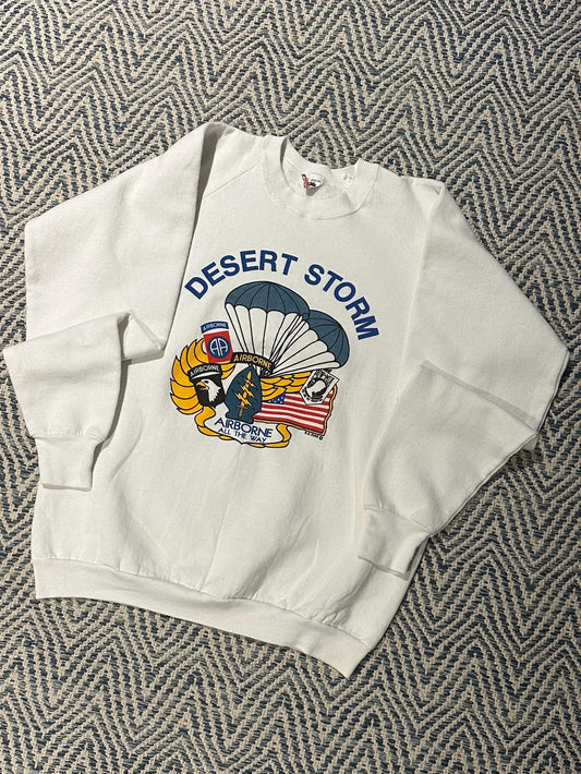 1990s Desert Storm Airborne All the Way USA White Crewneck Sweatshirt