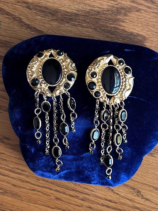 1980s 1990s Signed SORRELLI Gold Tone & Black Rhinestone and Crystal Chandelier Statement Clip-on Earrings Runway