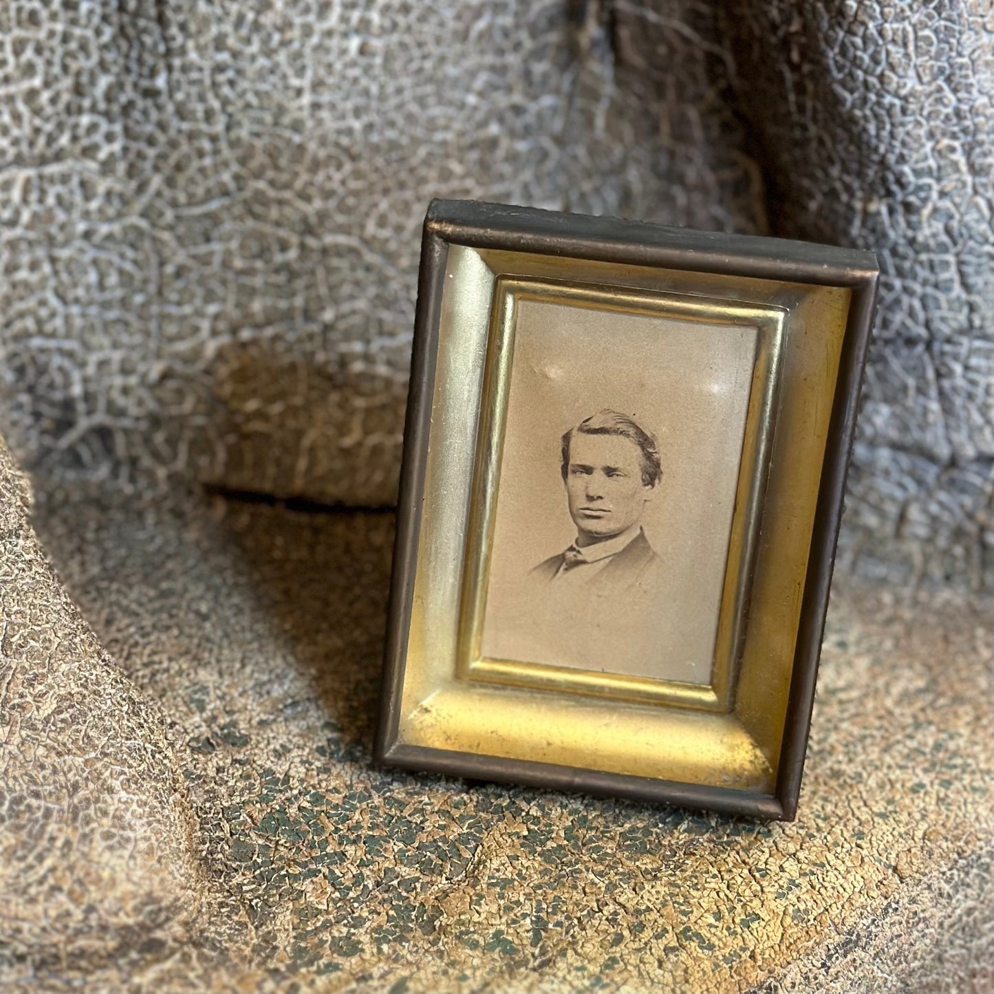 Antique 1908 Metal and Domed Glass Easel Frame with Photograph of Edwardian Era Man