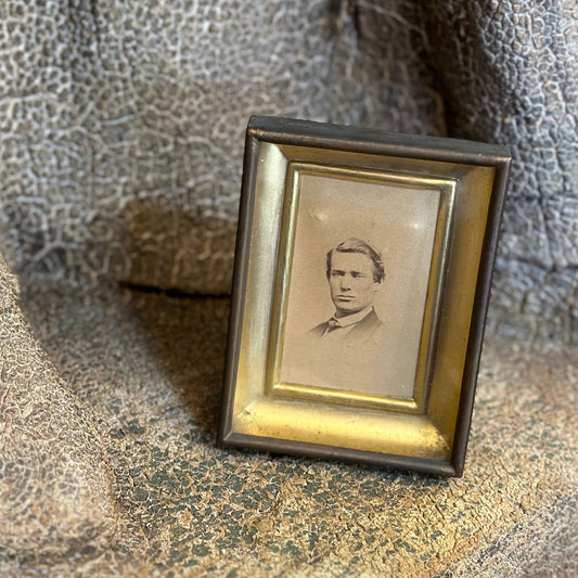 Antique 1908 Metal and Domed Glass Easel Frame with Photograph of Edwardian Era Man