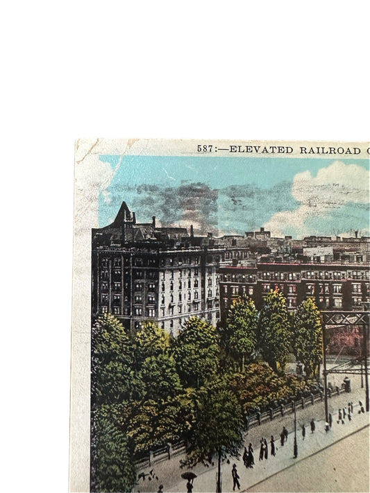 Vintage 1931 Postmarked Elevated Railroad Curve at 110th Street NYC Topographical Postcard